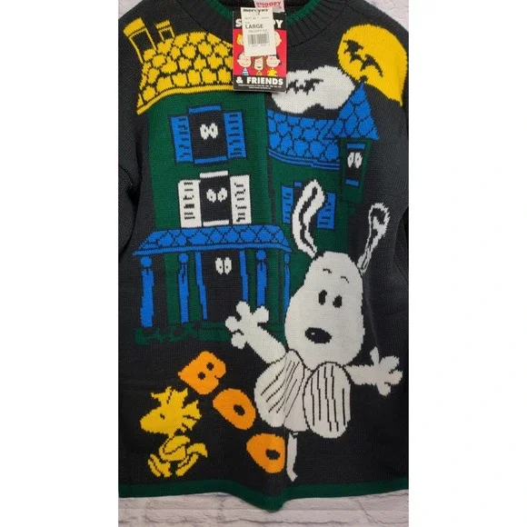 Vintage Snoopy sz Large Halloween Sweater Woodstock BOO Haunted House USA NEW - Picture 5 of 9